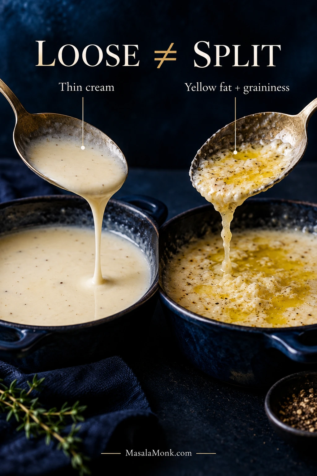 Comparison shows smooth thin cream on one side and a grainy broken sauce with visible yellow fat on the other.