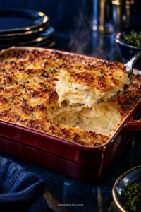 A spoon lifts a steaming portion of golden potatoes au gratin from a shallow dark red casserole, revealing thin potato layers coated with creamy sauce beneath a deeply browned cheese crust.