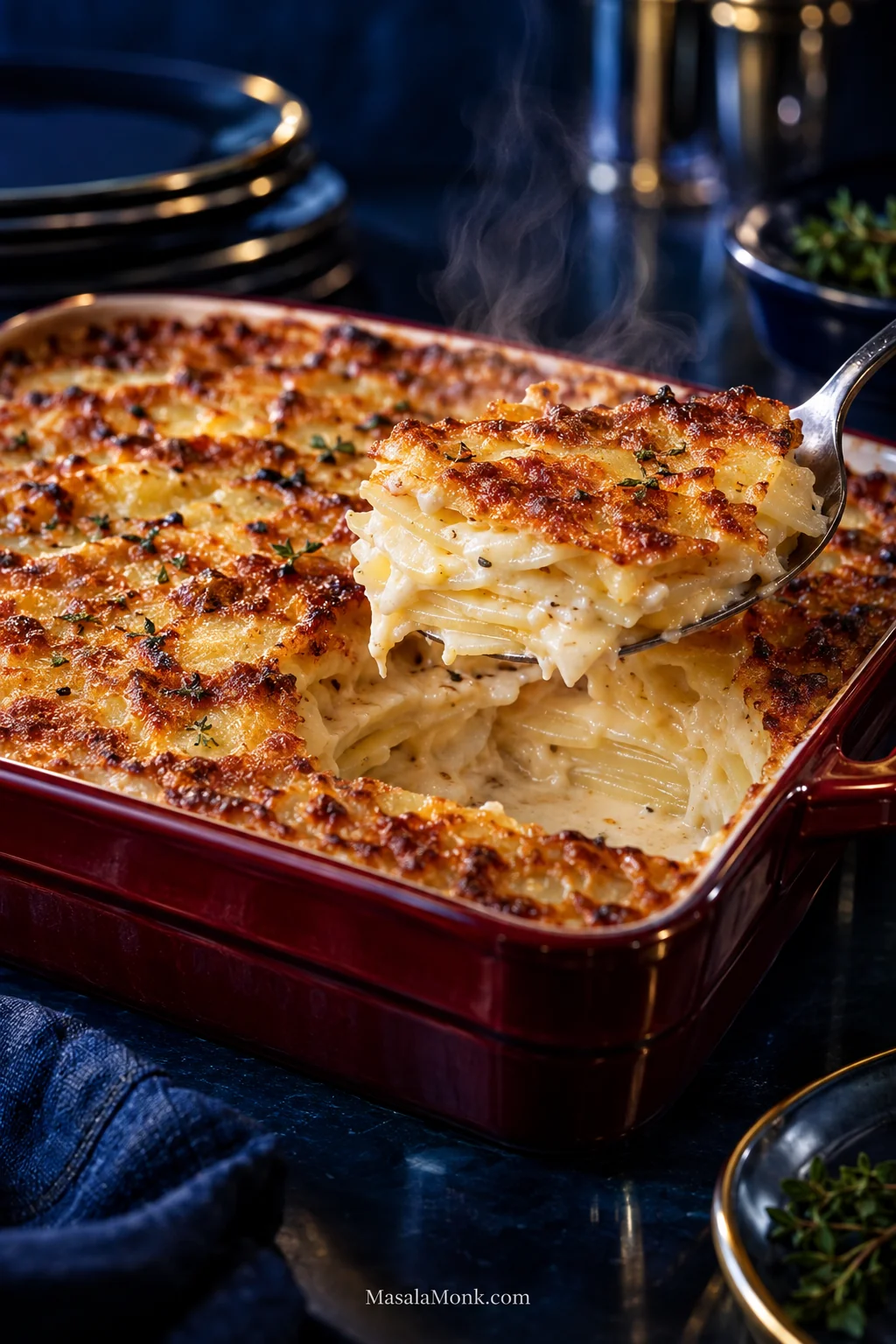 A spoon lifts a steaming portion of golden potatoes au gratin from a shallow dark red casserole, revealing thin potato layers coated with creamy sauce beneath a deeply browned cheese crust.