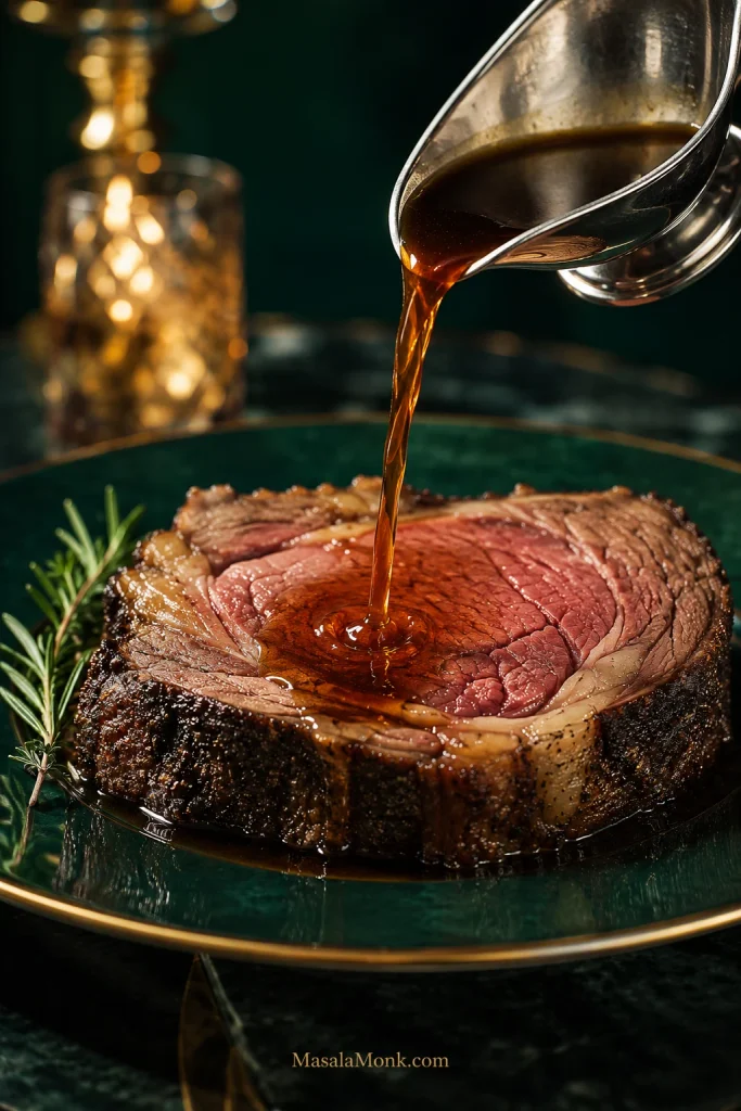 Thin stream of dark brown au jus pouring from a polished metal gravy boat over a thick pink slice of prime rib on a deep green plate.