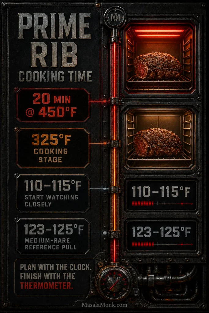 Prime rib cooking guide showing 20 minutes at 450°F, then 325°F, closer monitoring at 110–115°F, and a 123–125°F medium-rare pull reference.