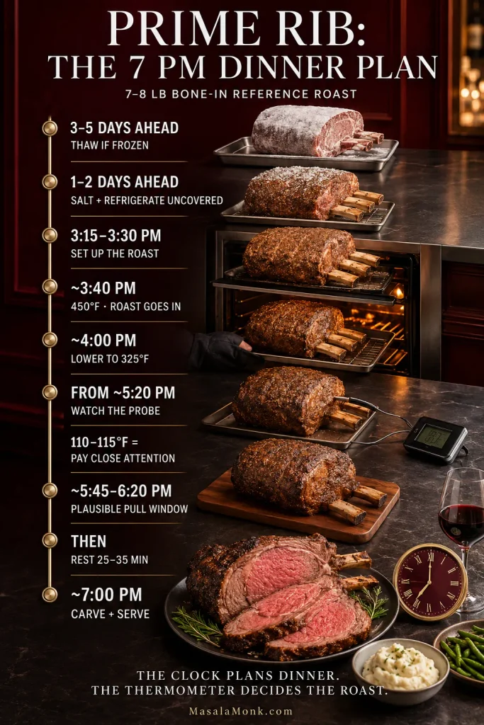 Prime rib dinner timeline for a 7–8 pound bone-in roast, progressing from thawing and dry brining through roasting, temperature checks, resting and carving around 7 PM.