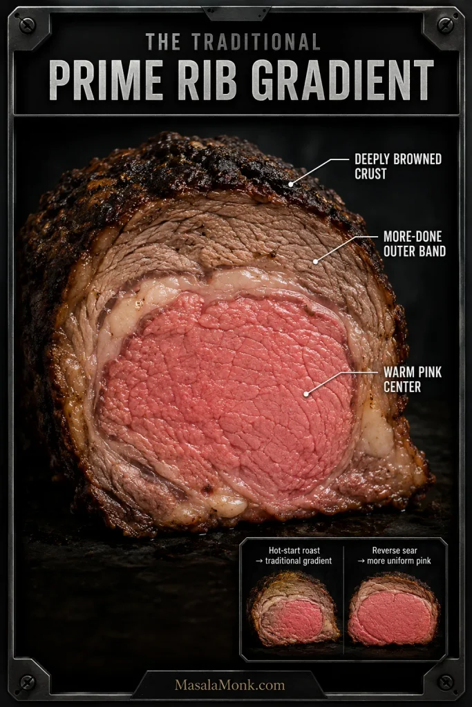 Prime rib cross-section showing a dark crust, more-done outer band and warm pink center, with a smaller comparison showing the more uniform interior of a reverse-seared roast.