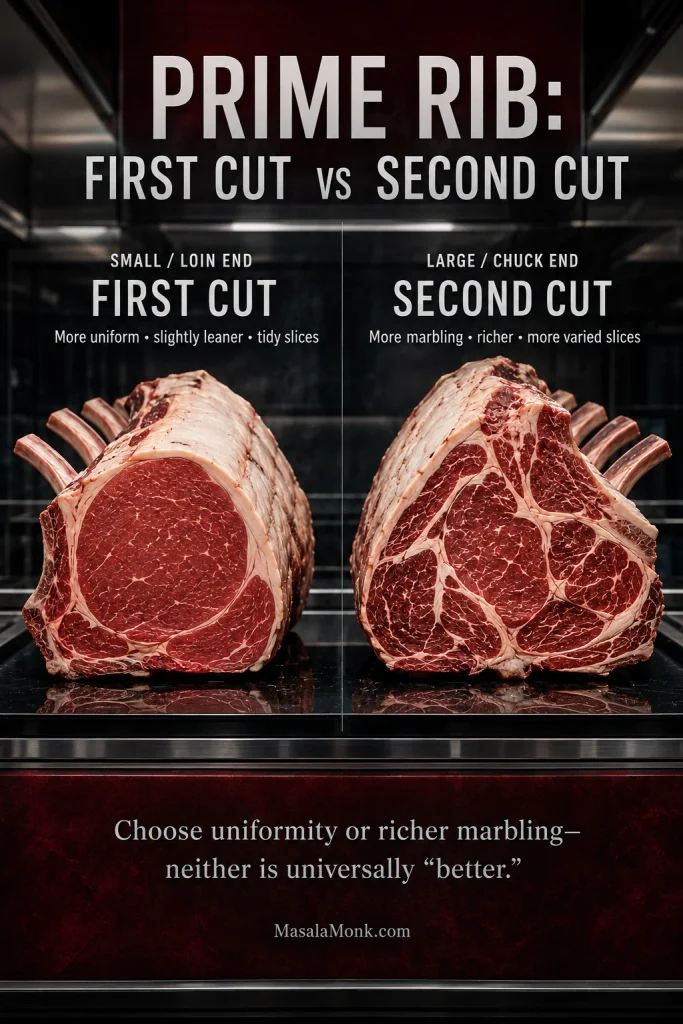 Side-by-side first-cut and second-cut prime rib roasts, with the loin end appearing more uniform and the chuck end showing more marbling and muscle seams.