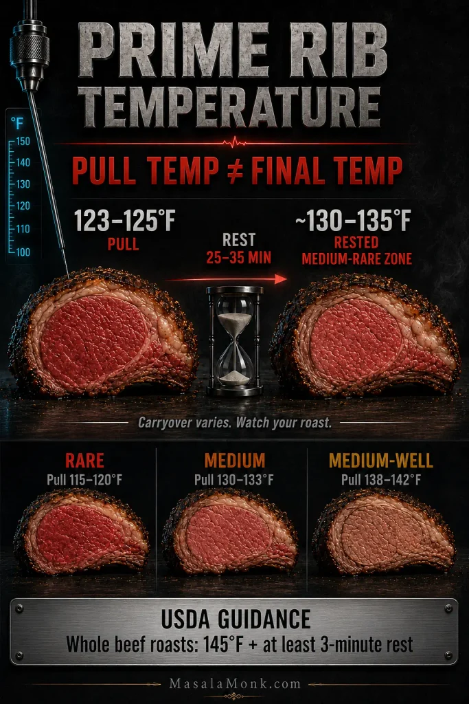 Prime rib temperature guide showing a 123–125°F medium-rare pull, a 25–35 minute rest, a roughly 130–135°F rested zone, other pull temperatures, and separate USDA guidance.
