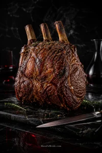 Whole three-rib bone-in prime rib roast with a dark pepper-and-herb crust on a carving board in an elegant restaurant setting.