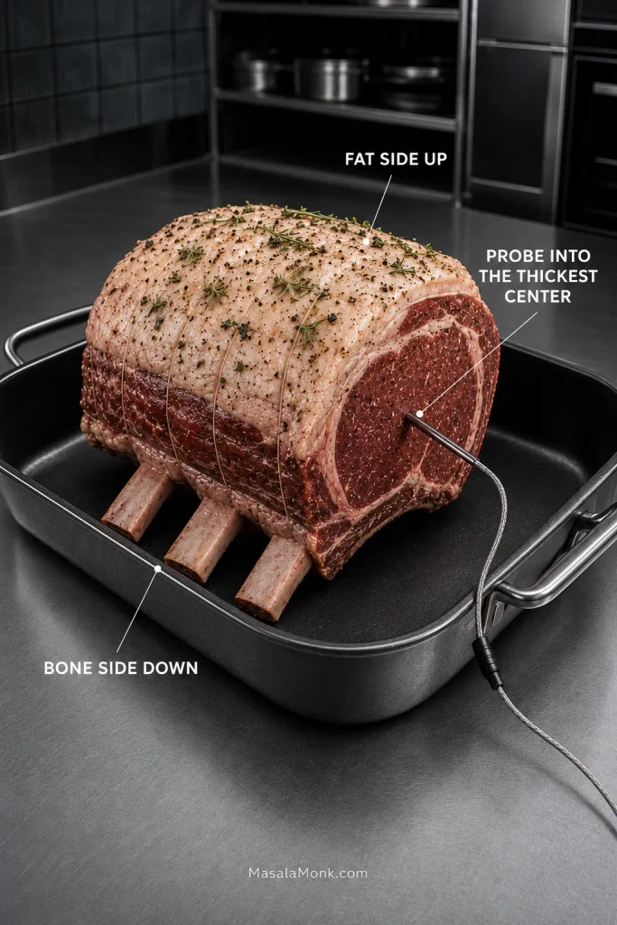 Bone-in prime rib sitting directly on three rib bones in a roasting pan, fat side up, with a temperature probe inserted into the thick central meat.