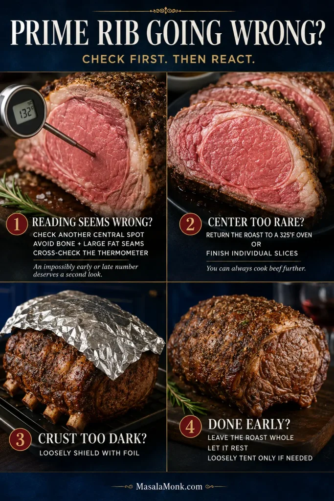 Four-part prime rib troubleshooting guide covering a questionable thermometer reading, an underdone center, an overly dark crust and a roast that finishes early.