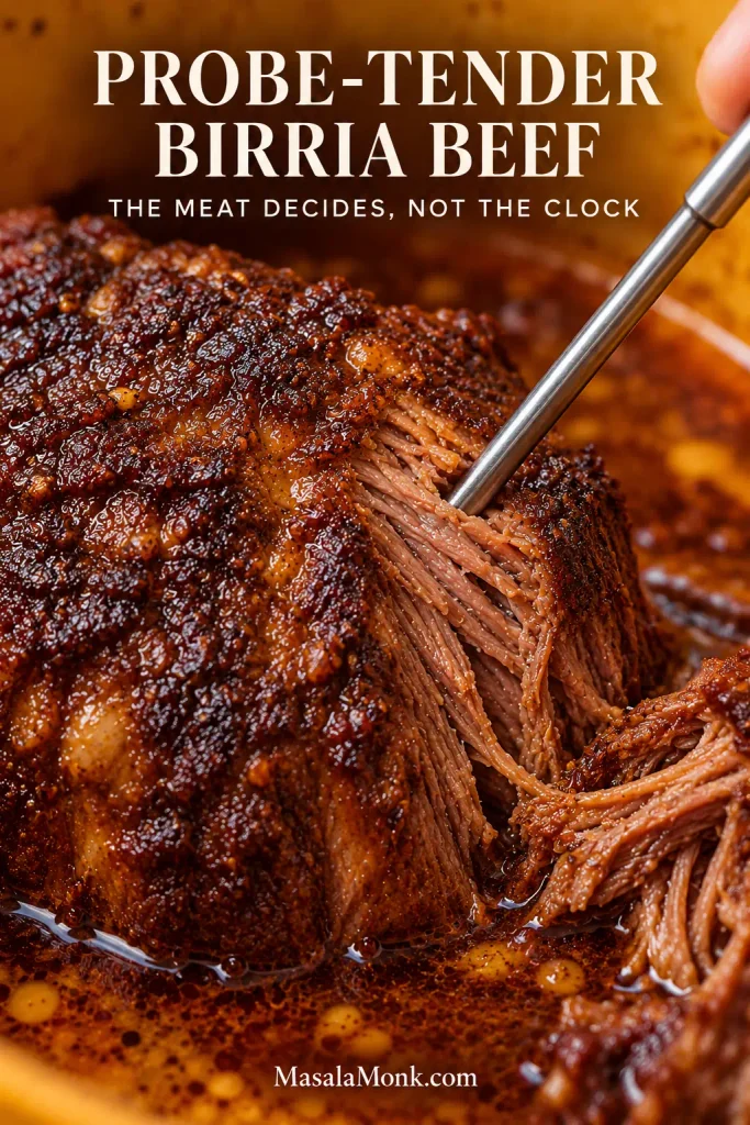 Metal probe entering a fully braised piece of chuck as softened beef fibres separate while the chunk remains intact.