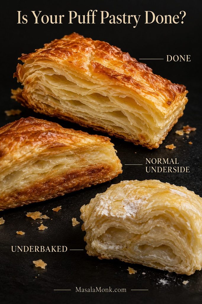Three puff-pastry cross-sections showing fully baked separated golden layers, a cooked but softer underside, and pale compressed underbaked pastry.
