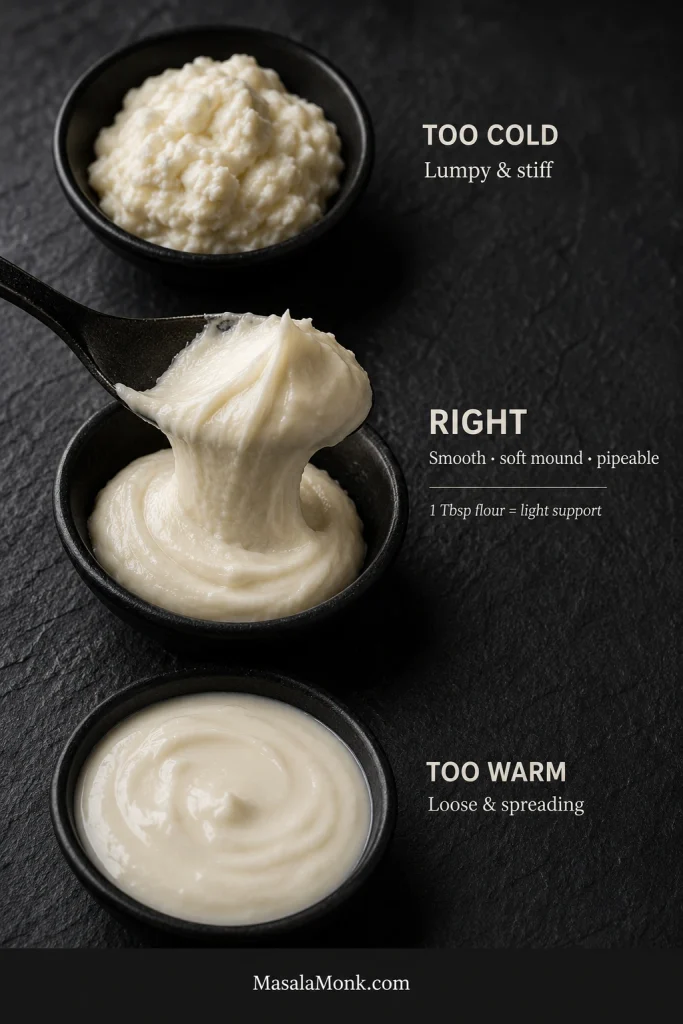 Three cream cheese filling consistencies comparing stiff and lumpy, smooth and pipeable, and loose spreading filling.