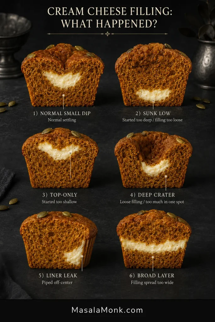 Six pumpkin cream cheese muffin cross-sections comparing normal settling, sunk filling, top-only filling, a crater, liner leakage and a broad cream cheese layer.