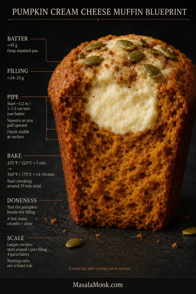 Annotated cutaway pumpkin cream cheese muffin showing batter and filling amounts, piping position, two-stage baking temperatures, doneness test and scaling ratio.