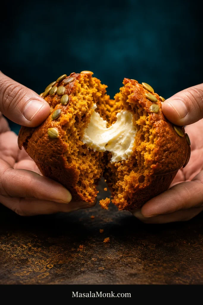 Hands breaking apart a pumpkin cream cheese muffin to reveal tender orange crumb, a thick white cream cheese center and pepitas on top.