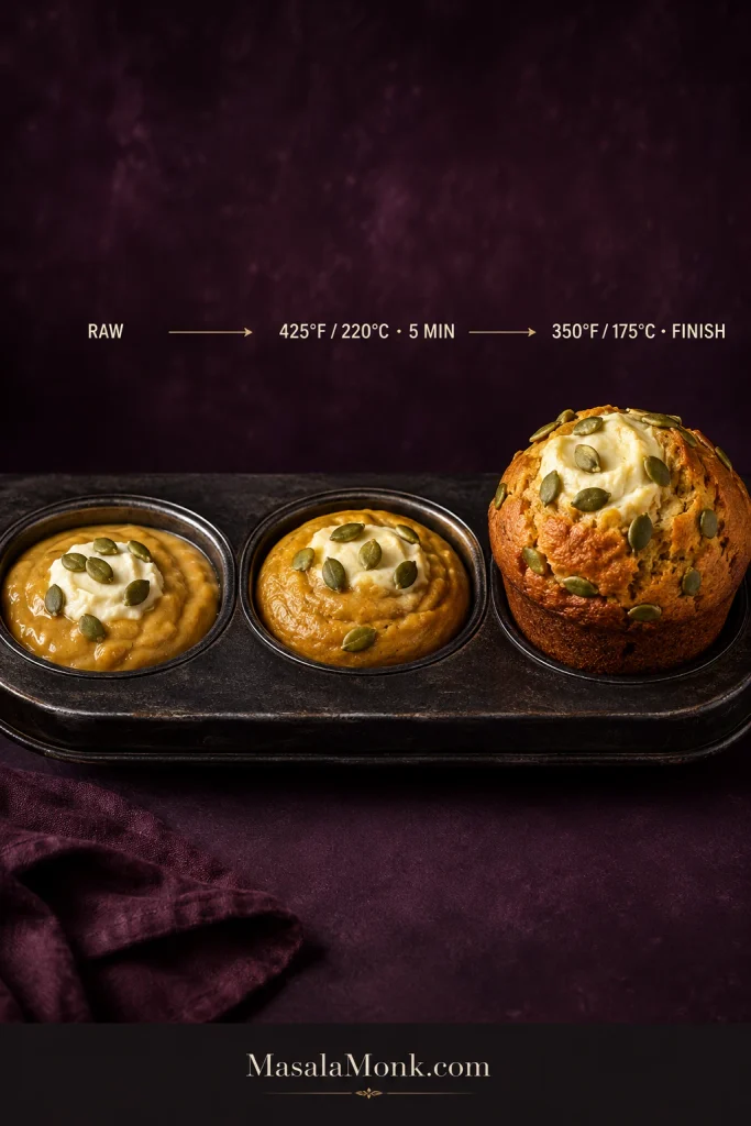 Three stages of a pumpkin cream cheese muffin showing raw batter, early rise after five minutes at 425°F, and the finished muffin at 350°F.