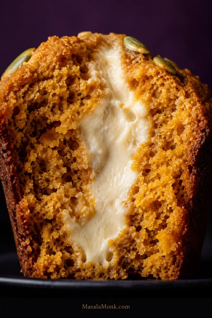 Macro cross-section of a pumpkin cream cheese muffin showing a creamy white center surrounded by tender orange crumb with open, baked pores.