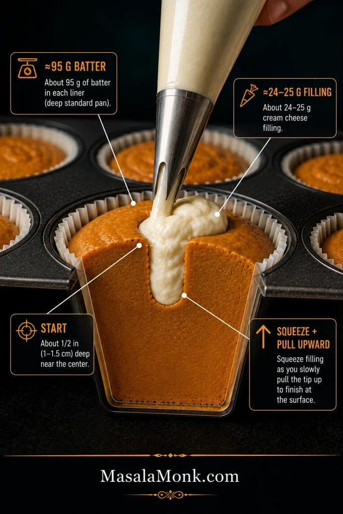 Cutaway of raw pumpkin muffin batter showing cream cheese piped near the center and pulled upward, with pumpkin batter left beneath the filling.