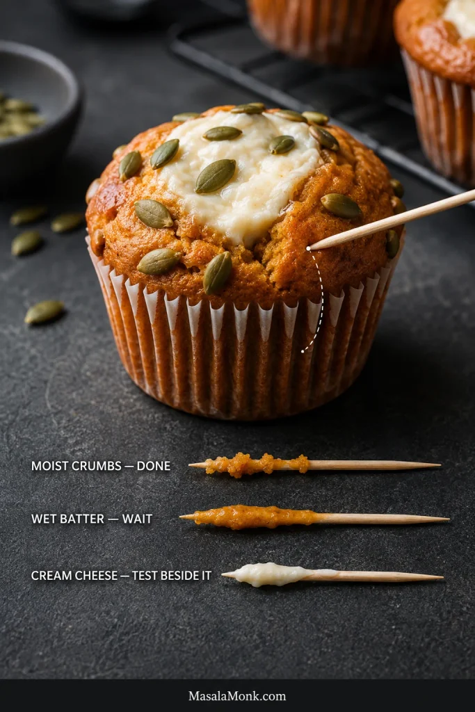 Pumpkin cream cheese muffin with a toothpick inserted beside the filling, plus examples of moist crumbs, wet batter and cream cheese on testers.