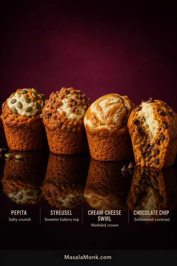 Four pumpkin cream cheese muffin variations topped with pepitas, streusel, a cream cheese swirl and chocolate chips.