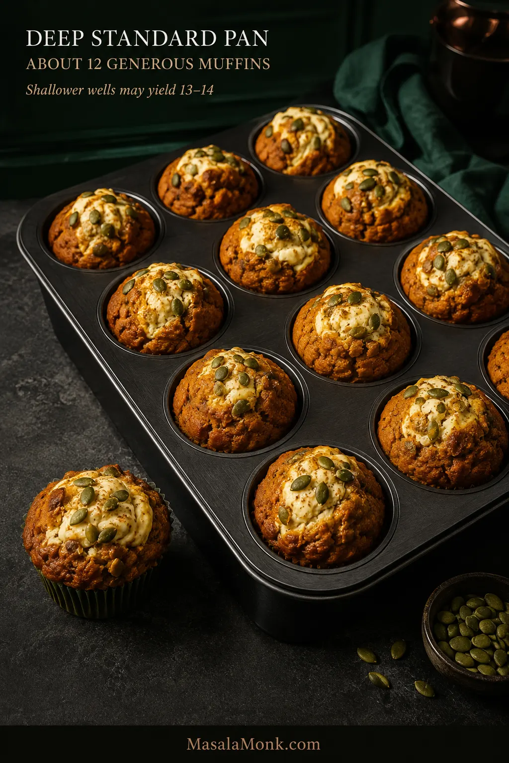 Deep 12-cup muffin pan filled with pumpkin cream cheese muffins, with batter portioned high in each lined well.