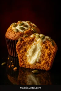 Cut-open pumpkin cream cheese muffin showing a generous white cream cheese center inside orange pumpkin crumb, with a whole pepita-topped muffin behind it.