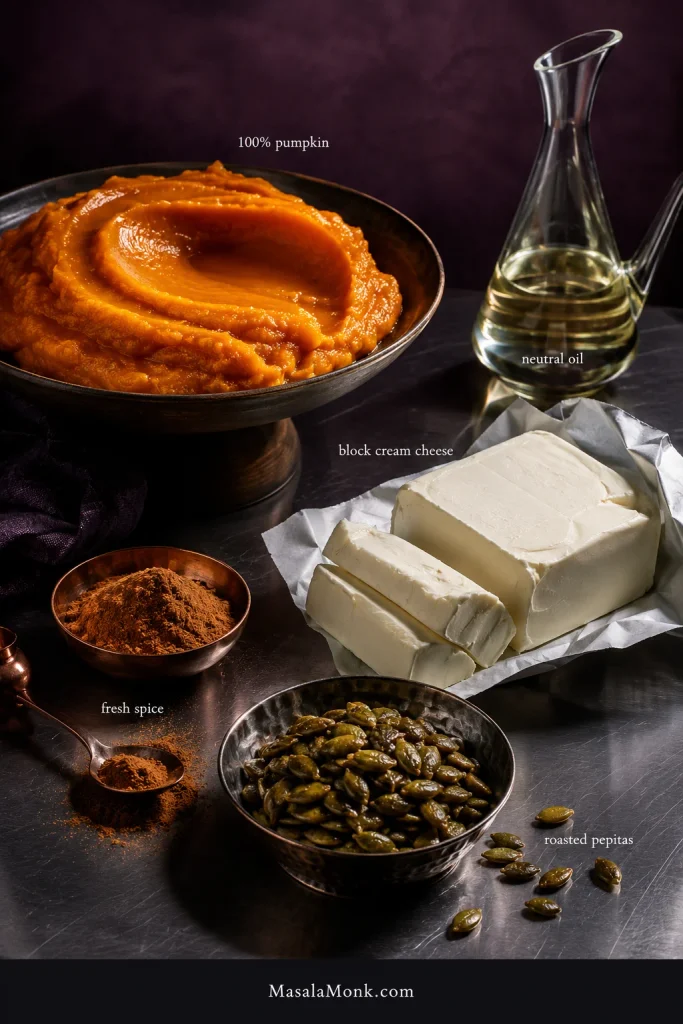 Editorial still life of thick pumpkin purée, block cream cheese, neutral oil, spices and green pepitas used for pumpkin cream cheese muffins.