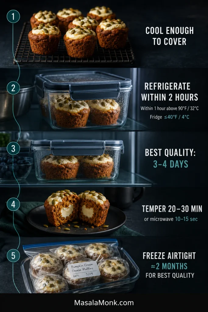 Storage guide showing pumpkin cream cheese muffins cooling, refrigerated in a sealed container, served after tempering and individually wrapped for freezing.