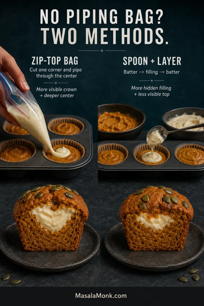 Two methods for filling pumpkin muffins without a piping bag: piping with a cut zip-top bag and spooning cream cheese between layers of batter.