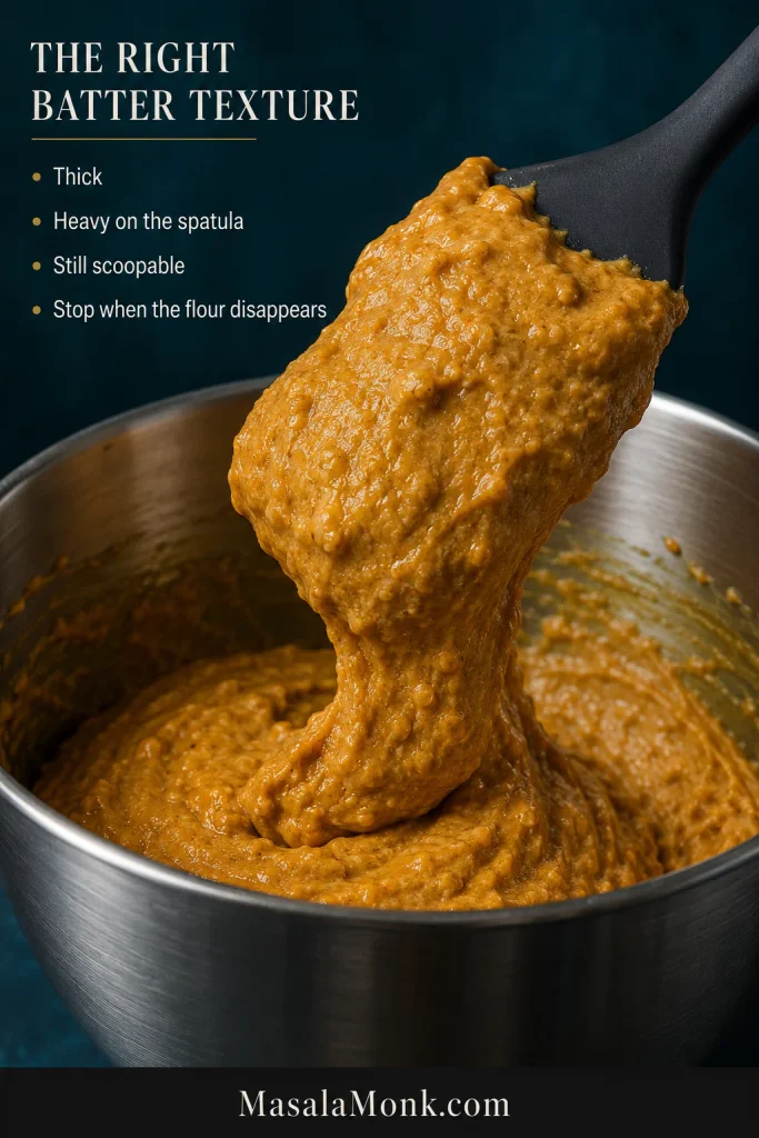 Thick orange pumpkin muffin batter held on a spatula above a mixing bowl, showing a heavy but scoopable consistency.