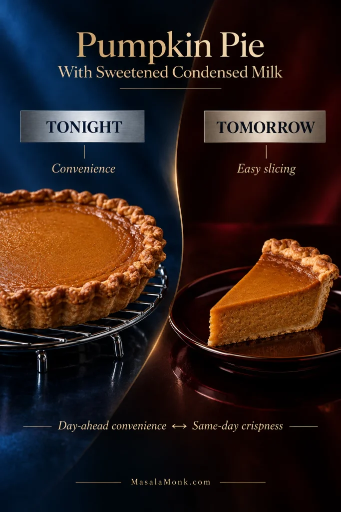 Split scene showing a whole pumpkin pie cooling at night and a clean chilled slice the next day, contrasting day-ahead convenience with same-day crust crispness.