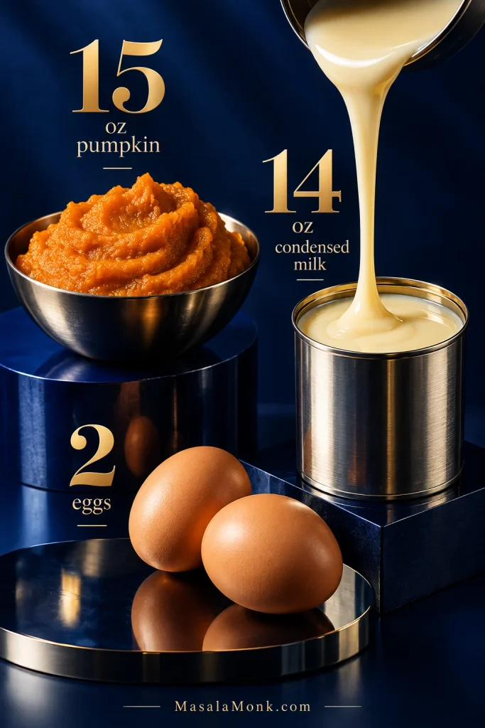 Cobalt still life showing 15 ounces pumpkin purée, 14 ounces sweetened condensed milk, and two eggs arranged around the numbers 15, 14, and 2.