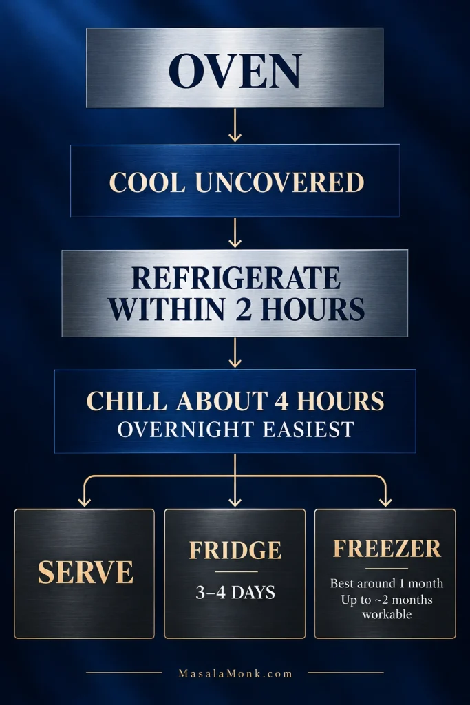 Vertical post-bake timeline showing cooling uncovered, refrigeration within 2 hours, chilling about 4 hours or overnight, then serving, refrigerating, or freezing.