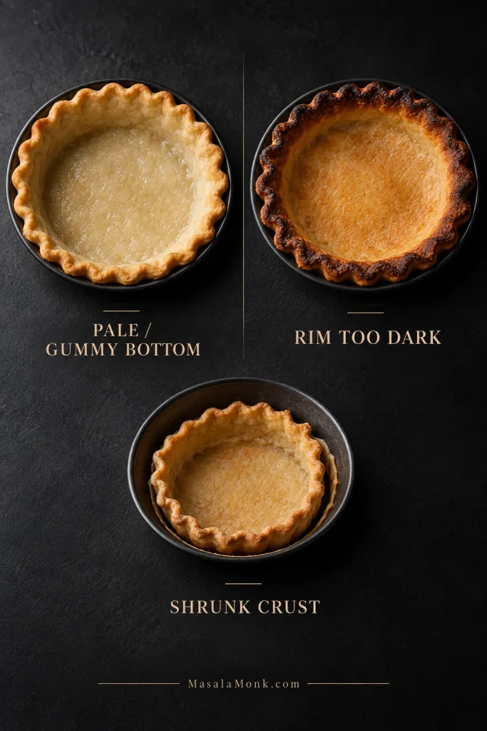 Three crust problems showing a pale gummy bottom, an overly dark rim, and pastry that has shrunk down and away from the pan sides.
