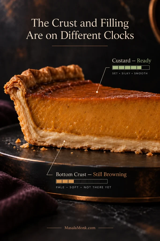 Cutaway pumpkin pie showing set custard labeled ready above a paler bottom crust labeled still browning.