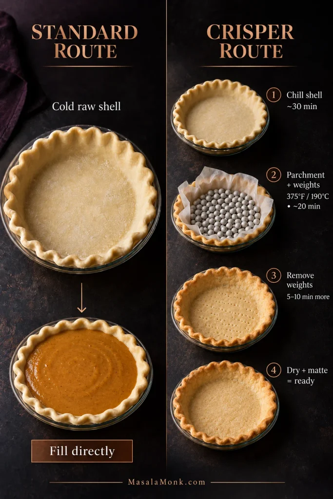Two-route crust guide showing a cold raw shell filled directly and a partial-prebake route with chilling, weights, and a final dry matte base.