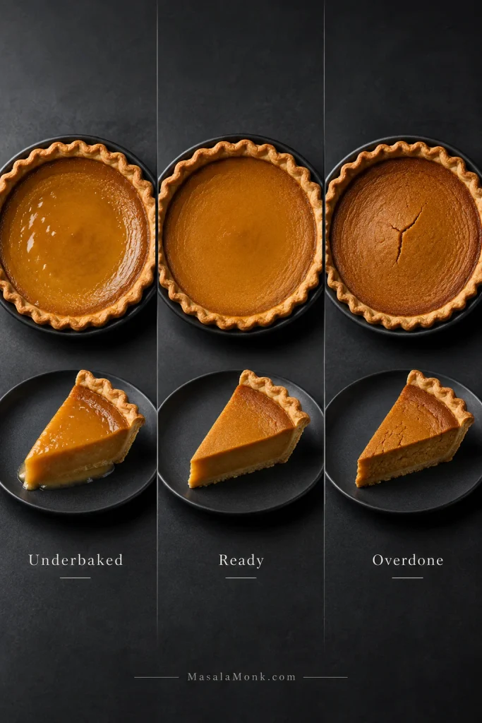 Three matched pumpkin pies labeled underbaked, ready, and overdone, showing a loose wet center, a softly set center, and a firmer cracked surface.