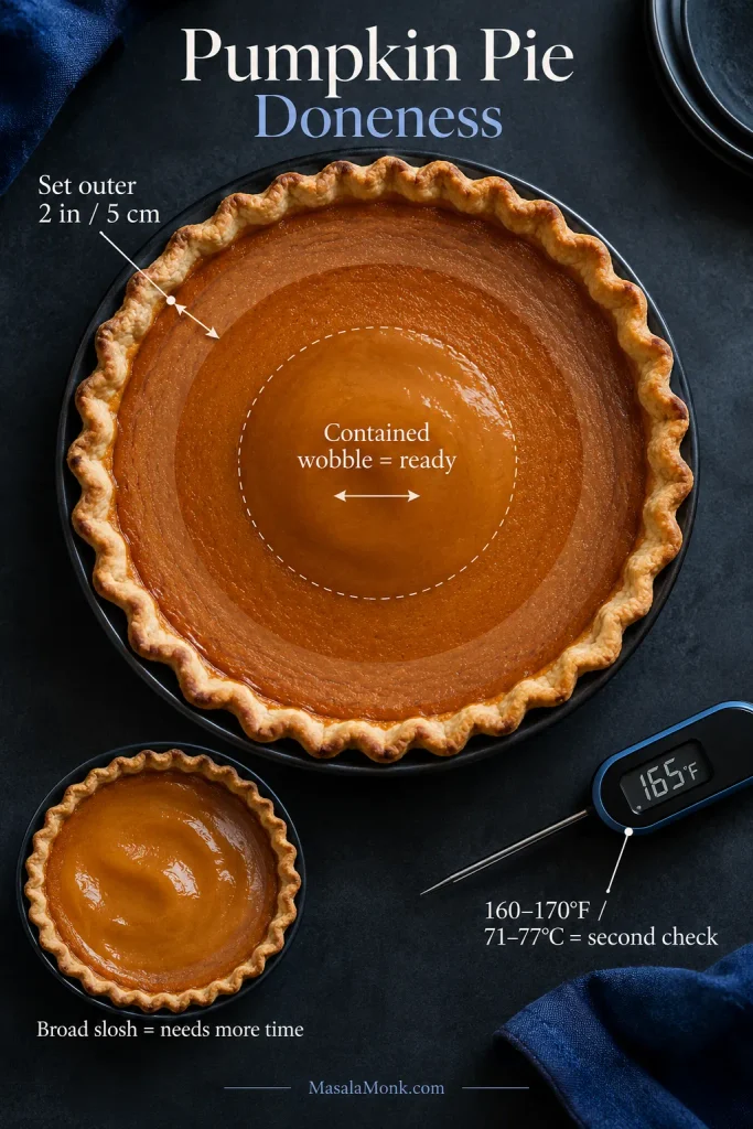 Top-down pumpkin pie diagram showing a set outer 2-inch or 5-centimeter ring, contained center wobble, broad slosh needing more time, and 160–170°F as a secondary check.