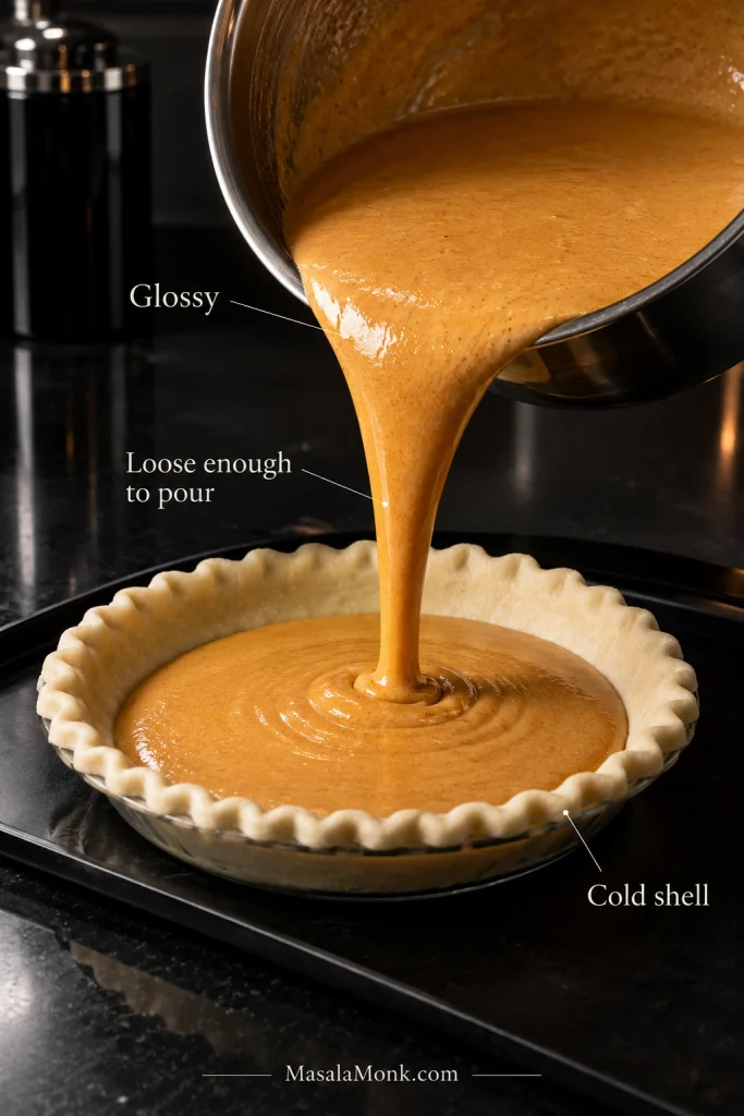 Smooth orange pumpkin custard pouring into a cold unbaked pie shell, with a glossy fluid texture and visible space below the crust rim.