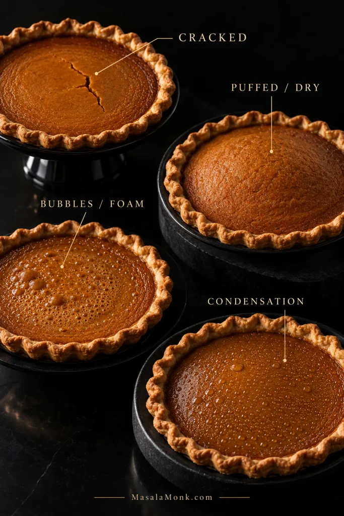 Four pumpkin pie surfaces showing a fine crack, a puffed dry top, small bubbles or foam, and condensation droplets.