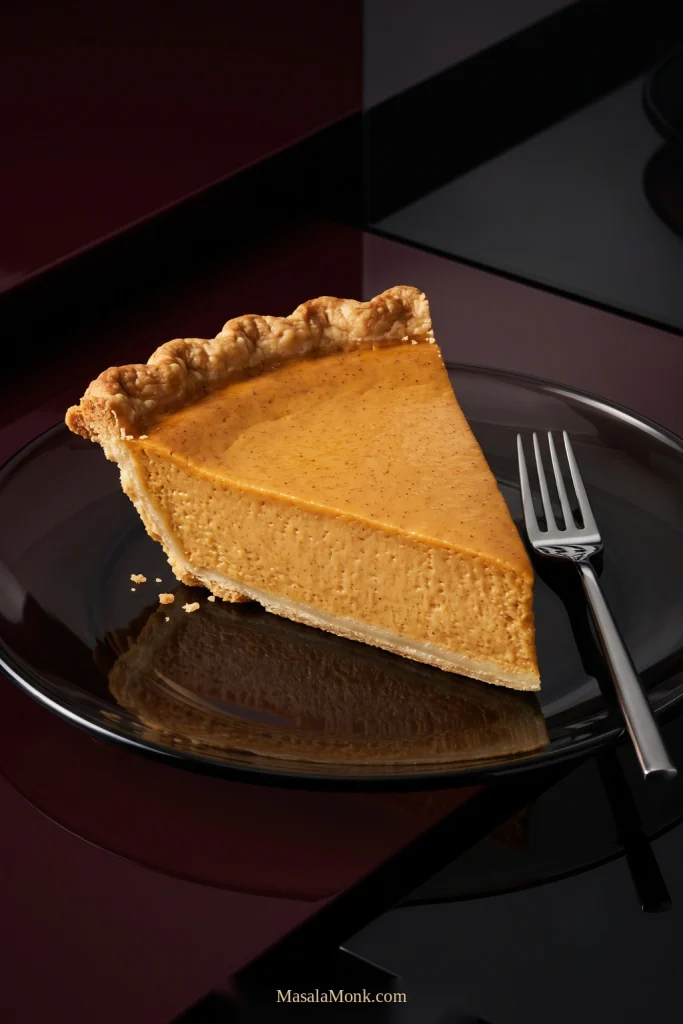 Single pumpkin pie slice with softly set orange custard, fine spice specks, golden flaky crust, and one polished fork on a dark smoked-glass plate.