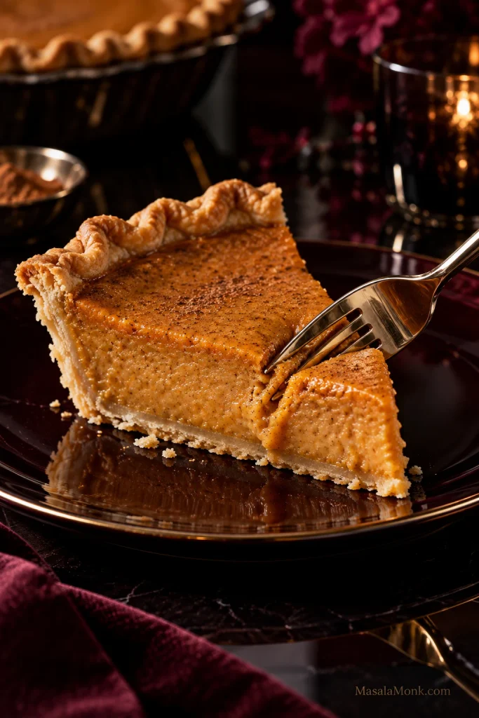 Close-up of a fork pressing into a chilled pumpkin pie slice with softly set orange custard and a golden layered crust.