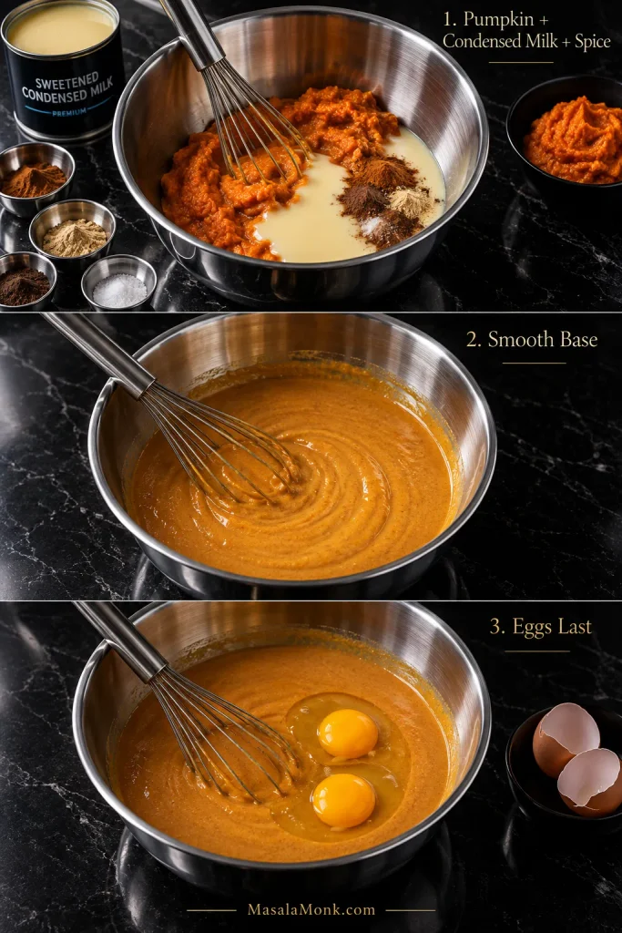 Three-step sequence showing pumpkin and condensed milk with spices, a smooth orange base, and exactly two eggs added last.