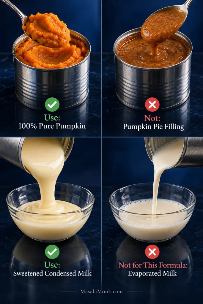Four-part comparison showing pure pumpkin, pumpkin pie filling, sweetened condensed milk, and evaporated milk with visibly different textures.