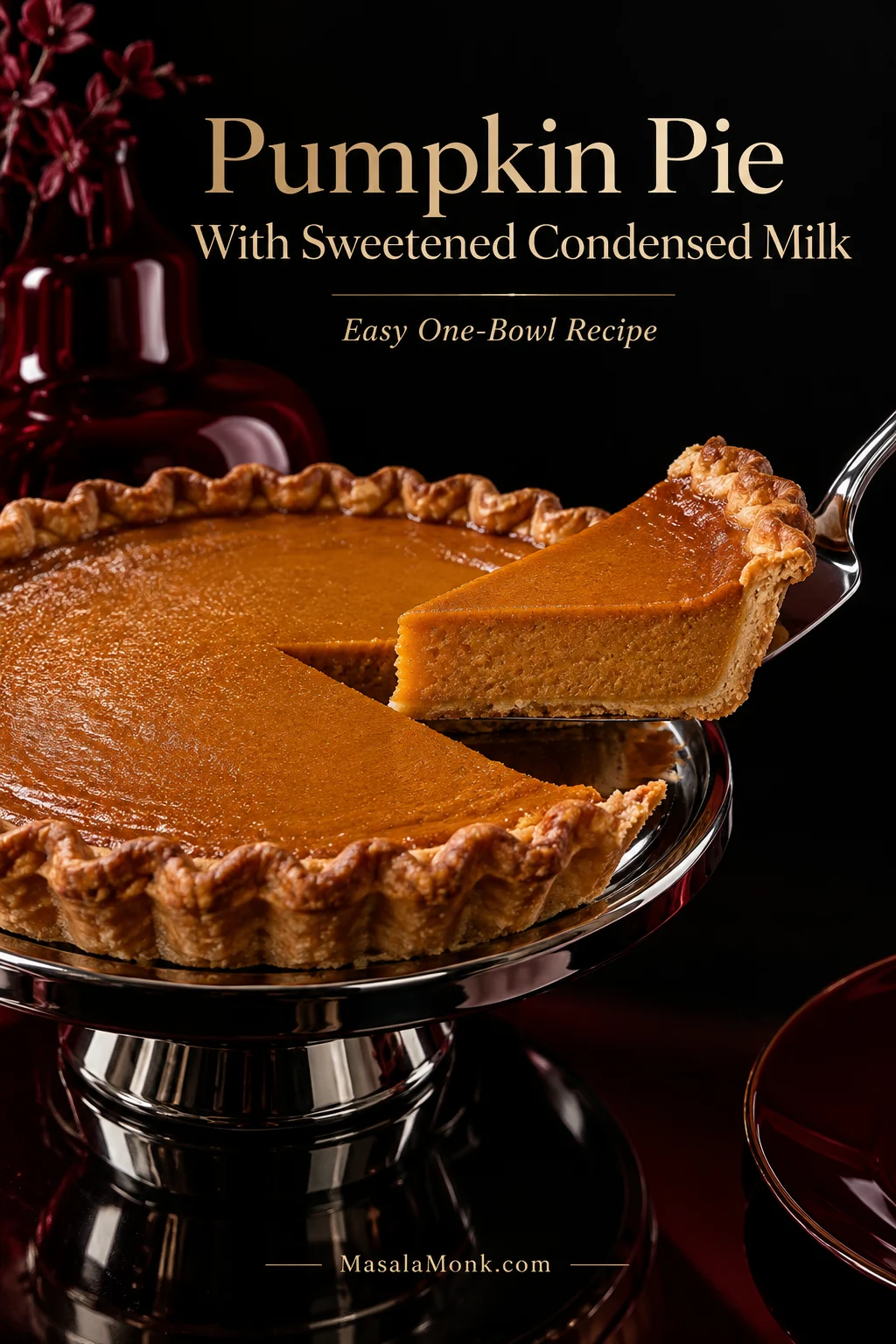 Whole pumpkin pie with a golden crimped crust and one lifted slice showing smooth orange pumpkin custard against a dark oxblood set.