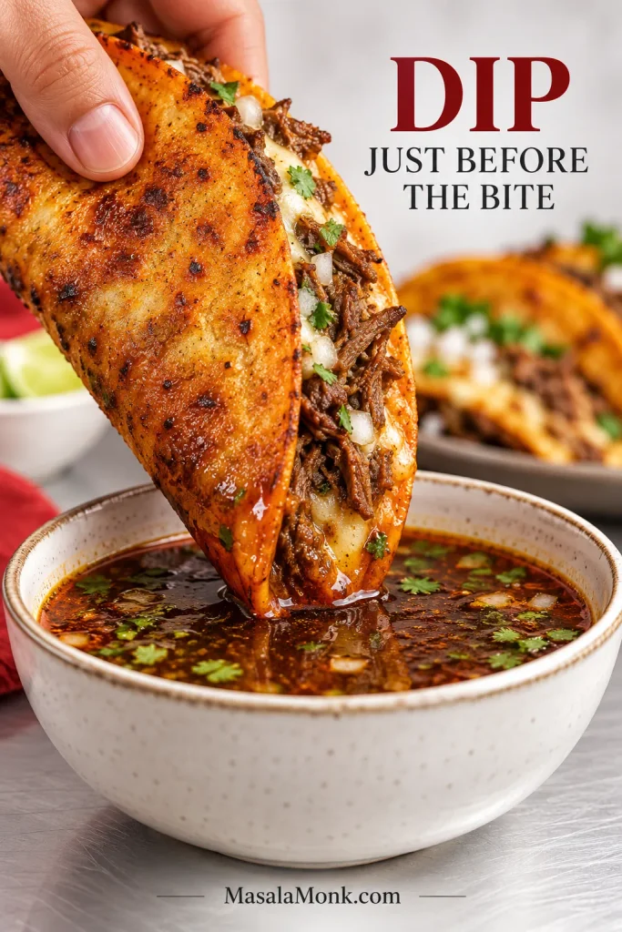 Hand dipping the pointed edge of a crisp beef quesabirria taco into dark birria consommé while most of the shell remains above the broth.