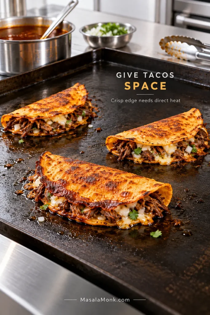 Three quesabirria tacos cooking with clear space between them on a hot griddle, with browned and blistered corn tortilla surfaces.