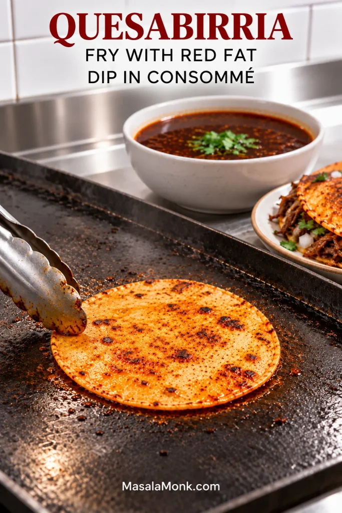 Corn tortilla crisping on a griddle in a thin film of orange-red birria fat beside a separate bowl of darker consommé.