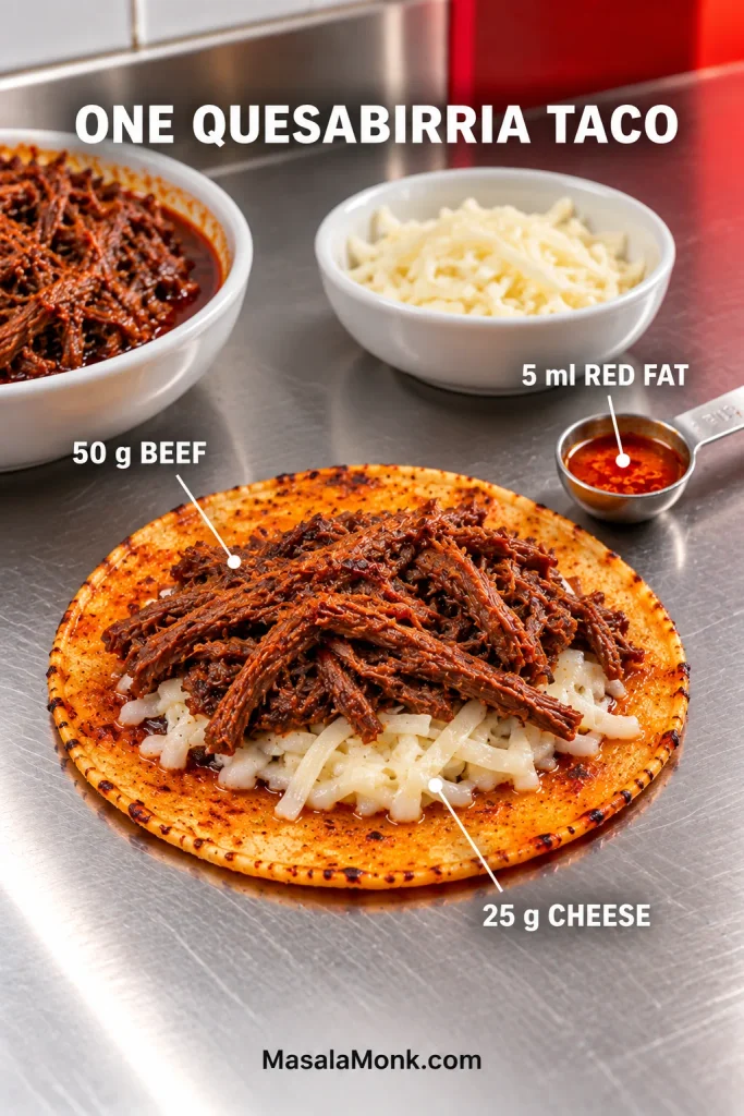 Small corn tortilla with 50 g shredded birria beef and 25 g cheese beside 5 ml of measured red birria fat.