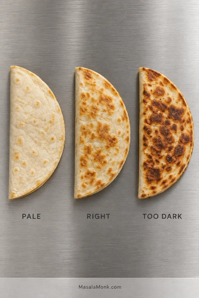 Three folded flour quesadillas labeled Pale, Right and Too Dark, progressing from lightly colored to evenly golden to deeply browned.