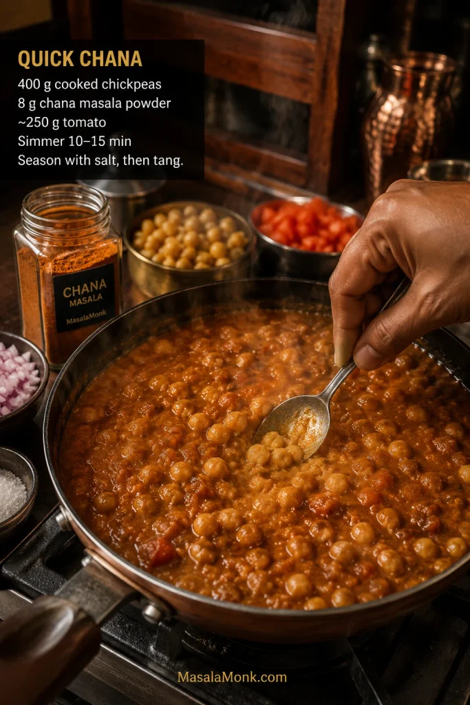 Steaming pan of quick chana being lightly mashed with a spoon, with cooked chickpeas, chopped tomato, onion and a chana masala jar nearby.